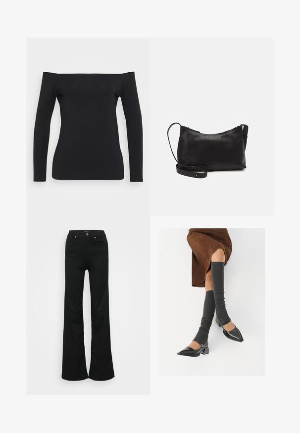 Black long-sleeve top with an off-the-shoulder design, made from a smooth, stretchy fabric, featuring a fitted silhouette and no visible patterns.; Black flared jeans made from denim, featuring a high waist, five pockets, and metal button closure. Smooth texture with minimal detailing.; Black patent leather pointed-toe shoes with a block heel and ankle strap, paired with gray ribbed leg warmers and a brown suede skirt.; Black leather shoulder bag with a smooth texture, curved shape, adjustable strap, and a zip closure. Minimalist design without embellishments.