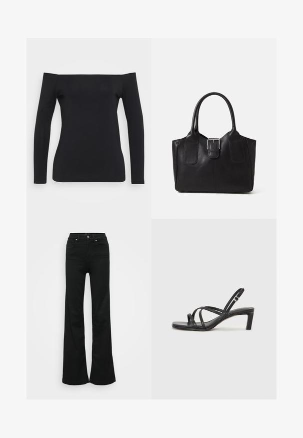 Črn dolg rokav vrh s off-the-shoulder dizajnom, narejen iz gladkega, raztegljivega materiala, s prilegnjeno silhueto in brez vidnih vzorcev.; Črne razširjene kavbojke iz denima, z visokim pasom, petimi žepi in kovinskim gumbom za zapiranje. Gladka tekstura z minimalnimi detajli.; Črne natikače s trakovi in kvadratnim prstom ter nizkim blokastim peto. Imajo več tankih trakov in nastavljiv trak okoli gležnja. Narejene so iz gladkega usnja.; Črna usnjena torba s gladko teksturo, strukturirano obliko, dvema ročkama in izrazitim srebrnim sponko na sprednji strani.