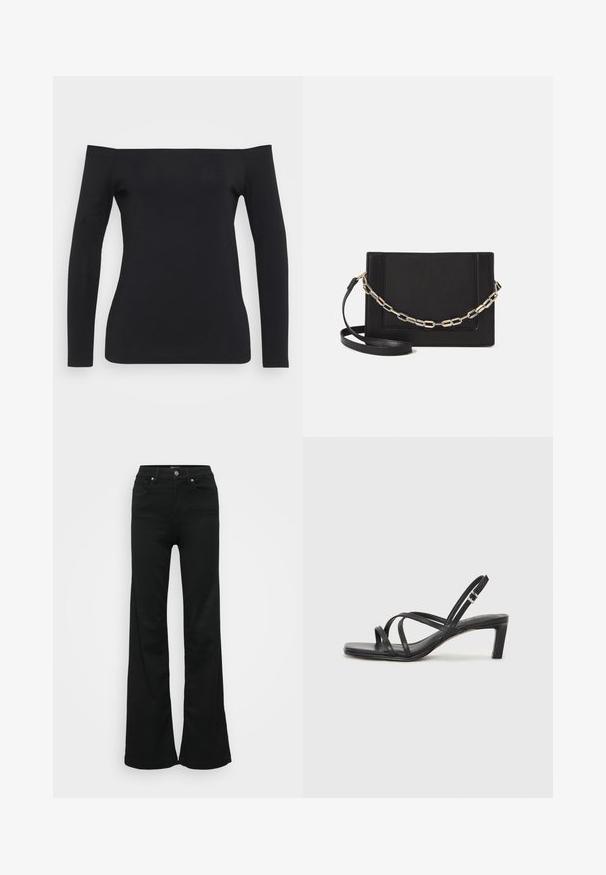 Juodas ilgomis rankovėmis viršus su nušauto pečių dizainu, pagamintas iš glotnaus, elastingo audinio, turintis prigludusią siluetą ir be matomų raštų.; Juodos plačios džinsinės kelnės, pagamintos iš denimo, su aukštu liemeniu, penkiomis kišenėmis ir metaliniu sagčių uždarymu. Lygi tekstūra su minimaliu dekoravimu.; Juodi šlepetės su kvadratiniu pirštu ir žemu bloku kulnu. Yra keli ploni dirželiai ir reguliuojamas kulkšnies diržas. Pagaminti iš lygios odos.; Juodas odinis per petį nešiojamas krepšys turi lygų paviršių, stačiakampio formą ir metalinę grandinėlę priekyje. Pridedama reguliuojama dirželis.