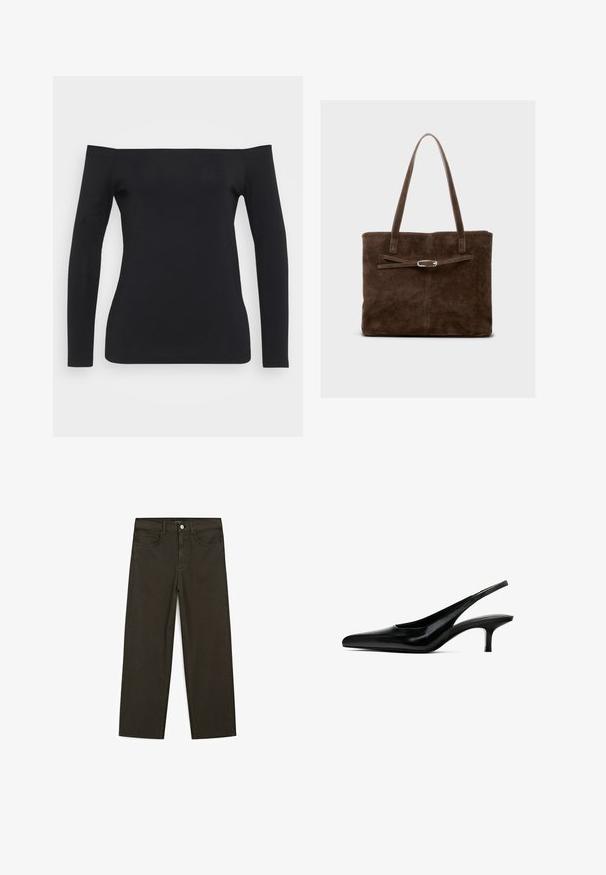 Black long-sleeve top with an off-the-shoulder design, made from a smooth, stretchy fabric, featuring a fitted silhouette and no visible patterns.; Dark green wide-leg jeans made of cotton blend, featuring a front button closure, five pockets, and classic denim stitching.; Black pointed-toe slingback shoe with a glossy leather finish and a thin, low heel. Features a cutout on the side for breathability.; Brown suede tote bag with long handles, featuring a flat body and a decorative strap with a silver-tone hardware accent.