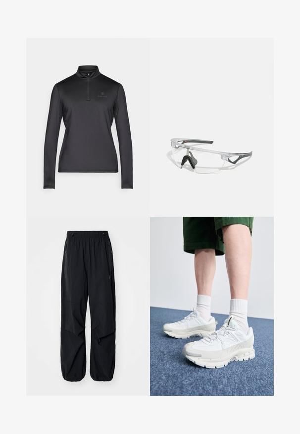 Black long-sleeve pullover with a half-zip collar. Made from a lightweight, smooth fabric. Features a subtle logo on the upper left chest.; Black lightweight cargo pants with an elastic waistband, side zippers, and spacious pockets. Features a loose fit and tapered cuffs.; White athletic shoes with textured overlays, a chunky sole, and gray accents. Worn with white crew socks and green shorts on a blue surface.; Clear safety glasses with a lightweight, transparent frame and gray accents. Features a wraparound design and adjustable nosepiece.