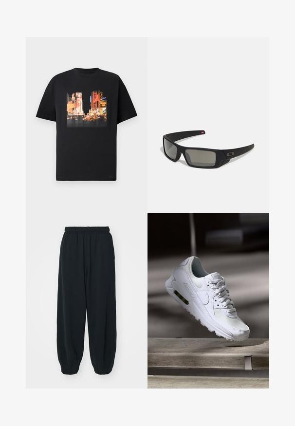 Must värviline trükk Times Square'ist, kus on värvikad reklaamid, sealhulgas "Michael Jordan" ja "Nike". Lühikesed varrukad, ümmargune kaelus.; Mustade elastse vöökoha ja laia lõikega dressipüksid, mansetiga sääred, sile tekstuur ning ilma nähtavate mustrite või detailideta.; Valged Nike Air Max 90 sneakers, millel on võrkkangast ja nahast ülemine osa, aukudega varbadosa ning nähtav õhuüksus kandades.; Mustad mustaga viimistlusega prillid, ristkülikukujulised läätsed, templite kerge kõverus, diskreetne logo detail ja suitsutatud läätsed.