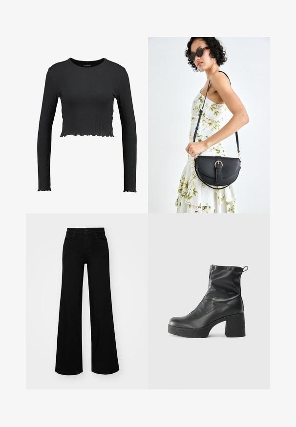 Črna rebrasta dolga majica s kratkimi rokavi in okroglo ovratnikom ter valovitim robom. Narejena iz elastičnega materiala za prilegajoč videz.; Črne široke denim hlače s strukturiranim pasom, z zankami za pas in sprednjimi žepi. Gladka tekstura s klasičnim dizajnom.; Črne gležnjarje iz gladke kože z božnim zadrgo, masivnim teksturiranim peto in zaobljeno obliko prstov.; Črna usnjena torbica s ukrivljeno obliko, z odstranljivo naramnico in zlatimi dodatki. Torbica ima pokrov s podrobnostmi v obliki zaponke.