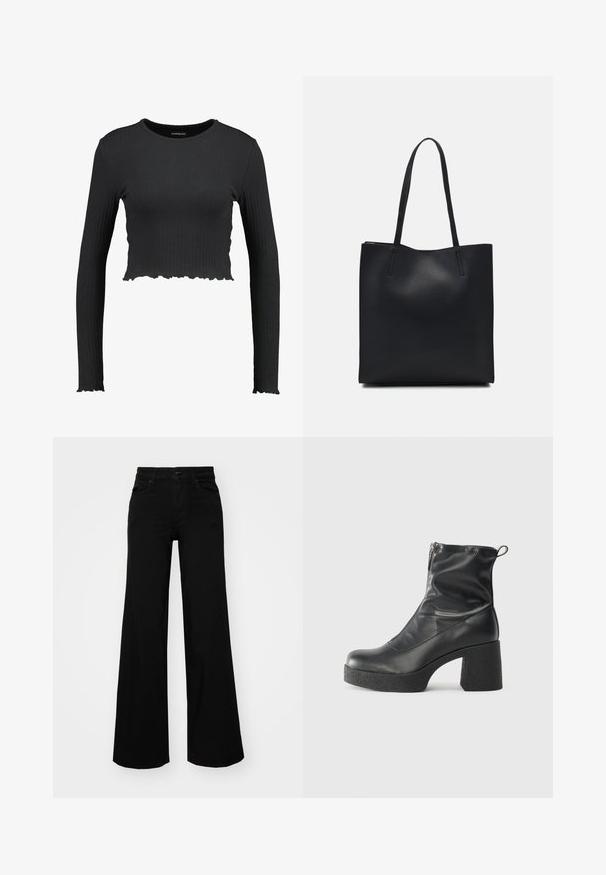 Must mustriga pikkade varrukatega lühike topp musta värvi, ümmarguse kaeluse ja lainelise äärisega. Valmistatud venivast materjalist, mis tagab püsiva sobivuse.; Mustad mustad püksid, mis on valmistatud denimist, struktuurse vöökohtade, vöökootidega ja esikottidega. Sile tekstuur klassikalise disainiga.; Mustad mustad ansapüksid, mis on valmistatud siledast nahast, külje zipperiga, paksu tekstuuriga kontsaga ja ümmarguse nina disainiga.; Mustast nahast kott sujuva tekstuuriga, ristkülikukujuline ja kahe pika sangaga. Pole nähtavat riistvara ega kaunistusi.