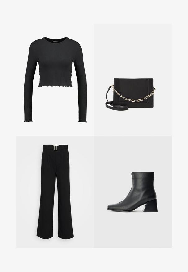 Black ribbed long-sleeve crop top with a round neckline and wavy hem. Made from a stretchy material for a fitted look.; Black wide-leg trousers made of lightweight fabric, featuring a smooth texture, front pleats, and a belt with a square metal buckle.; Black leather ankle boot with square toe, side zipper, and block heel against plain light background.; Black leather crossbody bag featuring a smooth texture, rectangular shape, and a metallic chain detail on the front. Adjustable strap included.; Silver double-band ring with a smooth, polished surface. Features a fluid, curved design with overlapping sections for a modern look.