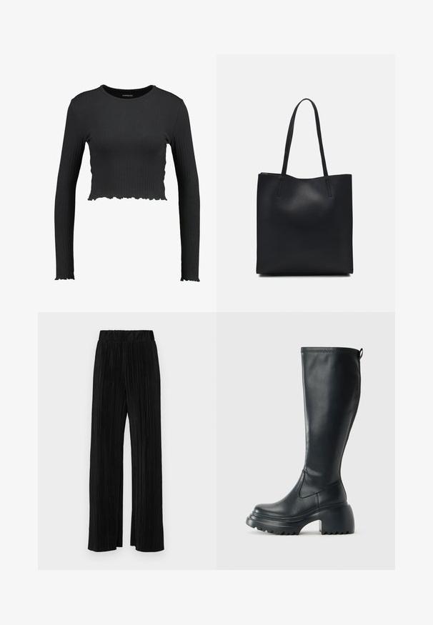 Crni rebrasti kratki rukav s dugim rukavima, okruglog izreza i valovitom donjom rubu. Izrađen od rastezljivog materijala za usklađen izgled.; Crne plisirane hlače s elastičnim pojasom. Imaju široke nogavice i glatku, teksturiranu tkaninu s vertikalnim prugama.; Visoke crne kožne čizme s debelim platformskim đonom i blok petom, s patentom za povlačenje i teksturiranim uzorkom na potplatu.; Crna kožna torba za nošenje s glatkom teksturom, pravokutnim oblikom i dvije duge ručke. Nema vidljivih metalnih dijelova ili ukrasa.