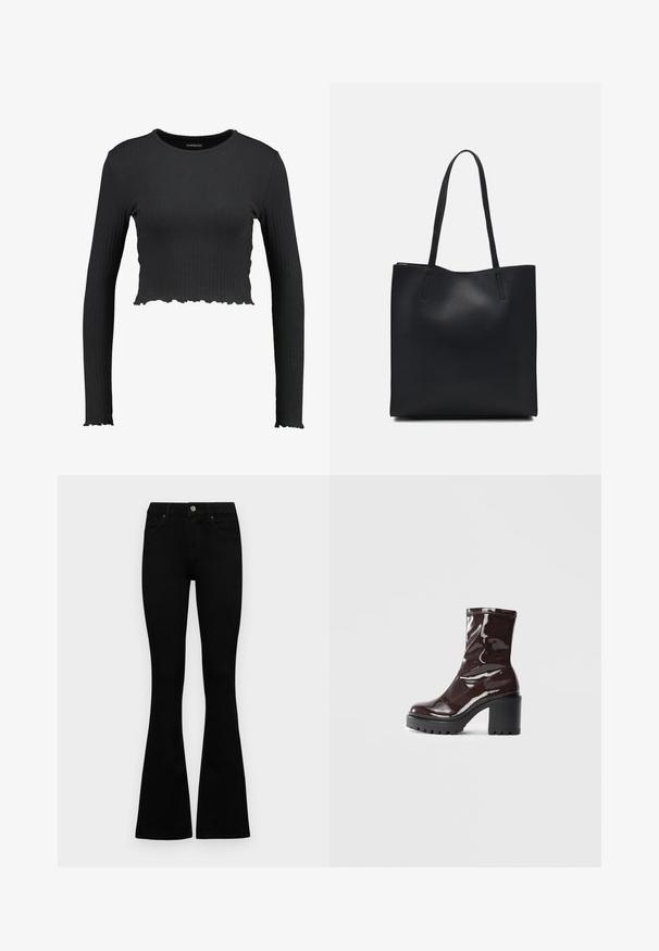 Top crop preto canelado de mangas longas com um decote redondo e bainha ondulada. Feito de um material elástico para um ajuste justo.; Jeans pretos de cintura alta com fecho de botão e zíper, bolsos frontais e pernas largas dispostos em cima de um fundo branco.; Bota de tornozelo burgundy brilhante com um salto preto robusto, apresentando uma textura suave e um design simples. Sem fechos ou padrões visíveis.; Bolsa tote preta em couro com textura lisa, forma retangular e duas alças longas. Sem hardware ou enfeites visíveis.