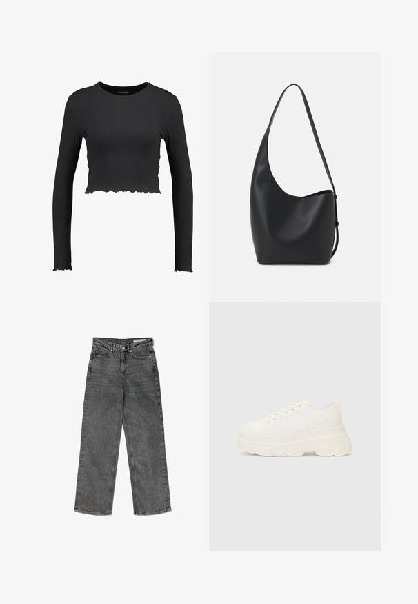 Schwarz gerippter Langarm-Crop-Top mit einem runden Halsausschnitt und gewelltem Saum. Hergestellt aus einem dehnbaren Material für einen figurschmeichelnden Look.; Schwarze, hoch taillierte, gewaschenen Straight-Leg-Jeans mit Fronttaschen, Gürtelschlaufen, Knopfverschluss und einem markierten Innenbund-Label.; Weiße Leinensneaker mit einer massiven Sohle, abgerundeter Spitze und fünf Ösen für Schnürsenkel. Hinterer Tab für ein einfaches Anziehen. Glatte Textur, minimalistisches Design.; Schwarze Leder-Hobo-Tasche mit einer glatten Textur, geschwungener Form und einem einzelnen verstellbaren Tragegurt; verfügt über eine weite Öffnung am oberen Ende.