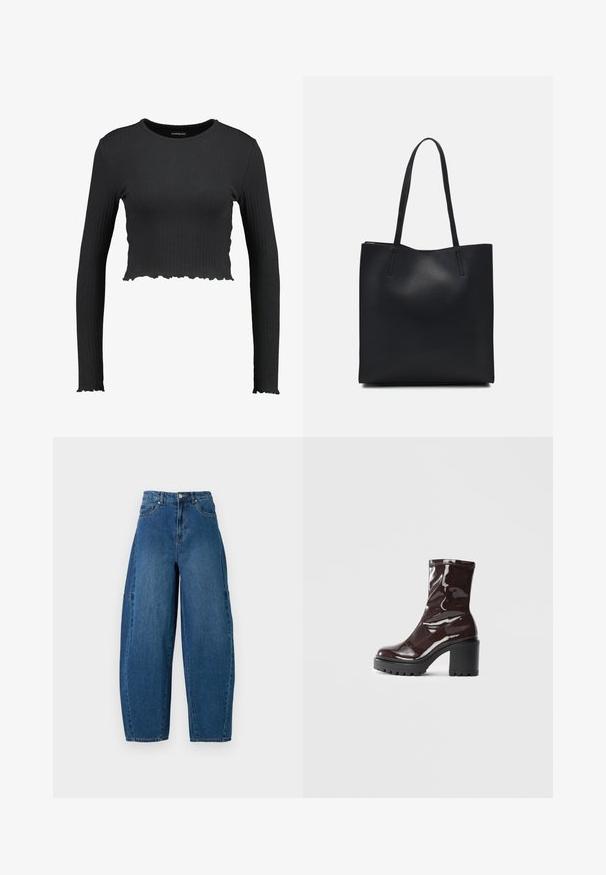 Black ribbed long-sleeve crop top with a round neckline and wavy hem. Made from a stretchy material for a fitted look.; Denim jeans in a medium blue wash, featuring a high waist, wide leg cut, and standard five-pocket design with visible stitching details.; Glossy burgundy ankle boot with a chunky black heel, featuring a smooth texture and simple design. No visible fastenings or patterns.; Black leather tote bag with smooth texture, rectangular shape, and two long handles. No visible hardware or embellishments.