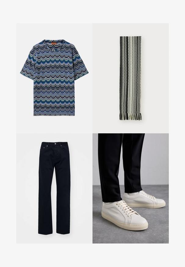 Tričko s krátkým rukávem, které má cik-cak vzor v námořnické modři, modré, zelené a bílé barvě. Vyrobeno z texturované pleteniny s kulatým výstřihem.; Černé džíny z denimu se střihem rovného slim, s knoflíkovým a zipovým zapínáním, pěti kapsami a tónovým prošíváním.; Světlé béžové kožené tenisky s plochými tkaničkami, texturovaným povrchem a kontrastní krémovou gumovou podrážkou, spárované s černými zúženými kalhotami.; Černobílý pletený šátek s cik-cak vzorem a třásněmi na koncích. Materiál je měkký a lehký.