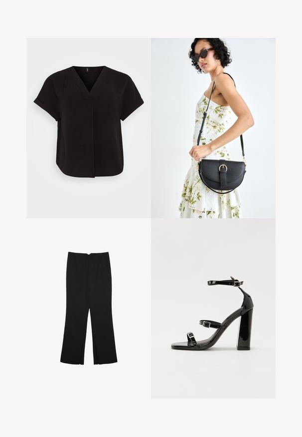 Schwarze kurzärmlige Bluse mit V-Ausschnitt, aus leichtem strukturiertem Stoff, mit entspannter Passform und einem überlappenden Vorderdesign.; Schwarze Hose mit geradem Schnitt, ausgestattet mit Fronttaschen und Seitenschlitzen am Saum. Hergestellt aus weichem, glattem Stoff. Geeignet für verschiedene Anlässe.; Schwarze patentierte Sandalen mit Absatz, quadratischer Spitze, Knöchelriemen und silbernen Schnallen. Mit einem stabilen Blockabsatz für mehr Stabilität.; Schwarze Lederhandtasche mit geschwungener Form, abnehmbarem Tragegurt und goldenen Beschlägen. Die Tasche verfügt über einen Deckel mit einer Schnallen-Details.