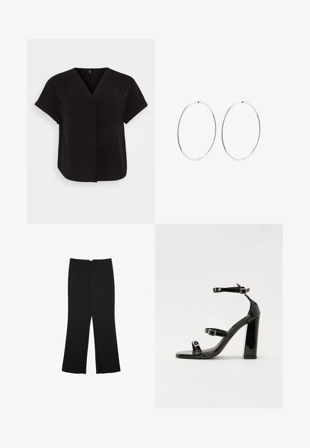Čierna blúzka s krátkymi rukávmi a výstrihom do V, vyrobená z ľahkej textúrovanej tkaniny, s voľným strihom a prekríženým predným dizajnom.; Čierne nohavice so strihom rovného strihu, s prednými vreckami a bočnými rozparkami na leme. Vyrobené z mäkkej, hladkej tkaniny. Vhodné na rôzne príležitosti.; Čierne lakované sandále na podpätku so štvorcovou špičkou, navlečenými remienkami okolo členku a striebornými prackami. Disponujú masívnym blokovým podpätkom pre stabilitu.; Strieborné kruhové náušnice s hladkým, okrúhlym dizajnom a lesklým povrchom. Sú tenké a ľahké, s jednoduchým uzáverom.