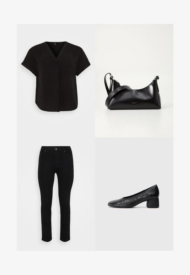 Blusa nera con maniche corte a V, realizzata in tessuto leggero e textured, caratterizzata da una vestibilità ampia e un design incrociato sul davanti.; Jeans in denim nero con vestibilità slim, design a cinque tasche, chiusura anteriore a bottone e leggero stretch per un maggiore comfort. Texture piatta e liscia con dettagli minimi.; Pantofole nere in pelle con punta arrotondata e tacco medio a blocco. Texture liscia con dettagli minimi, caratterizzata da un'apertura elastica sottile.; Borsa a tracolla nera in pelle con una texture liscia. Presenta una tracolla regolabile e un design elegante e minimalista con chiusura a zip.; Orecchini in metallo argento con un design ondulato e scultoreo, caratterizzati da una finitura lucida e forme irregolari, che evidenziano un'estetica contemporanea.