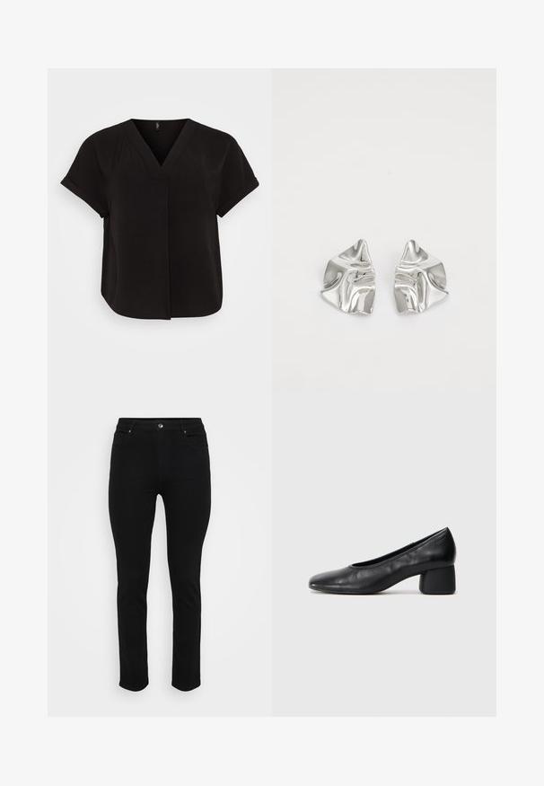 Black short-sleeve blouse with a V-neck, made of lightweight textured fabric, featuring a relaxed fit and a crossover front design.; Black denim jeans with a slim fit, five-pocket design, front button closure, and slight stretch for comfort. Flat, smooth texture with minimal detailing.; Black leather pump with a rounded toe and mid-block heel. Smooth texture with minimal detailing, featuring a subtle elastic opening.; Silver metal earrings with a wavy, sculptural design featuring a polished finish and irregular shapes, highlighting a contemporary aesthetic.