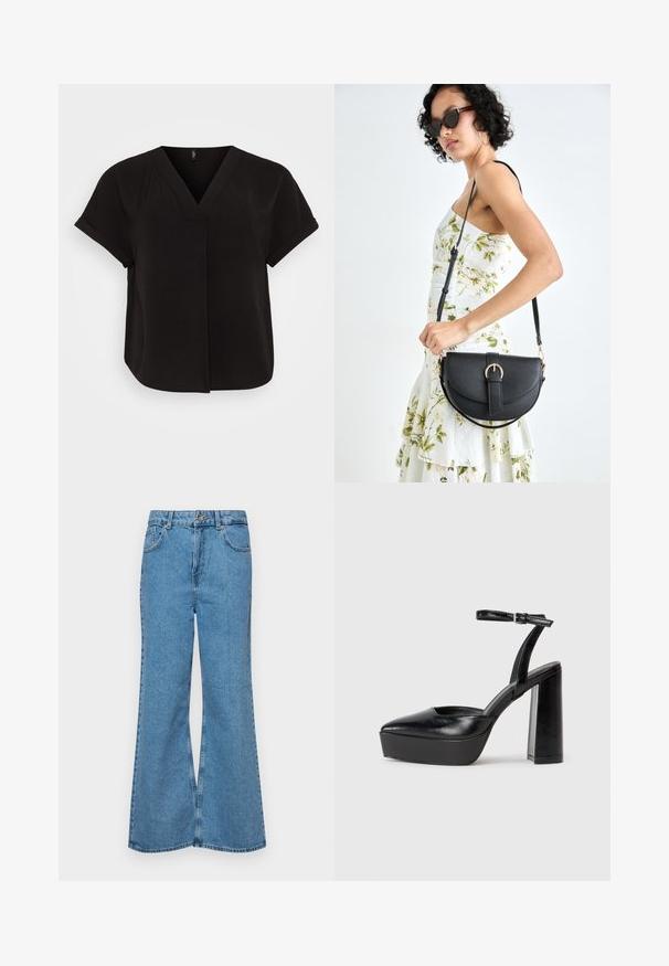Czarna bluzka krótki rękaw z dekoltem w serek, wykonana z lekkiego teksturowanego materiału, o luźnym kroju i z krzyżującym się przodem.; Jasnoniebieskie dzwony z denimu, z wysokim stanem, pięcioma kieszeniami i zapięciem na jeden guzik. Miękka tekstura z wyblakłym wykończeniem.; Czarne platformy na wysokim obcasie z szpiczastym noskiem i regulowanym paskiem na kostkę. Wykonane z gładkiej skóry, z grubym słupkowym obcasem.; Czarna skórzana torebka o zakrzywionym kształcie, z odpinanym paskiem i złotymi akcentami. Torebka posiada klapę z zapięciem w kształcie klamry.