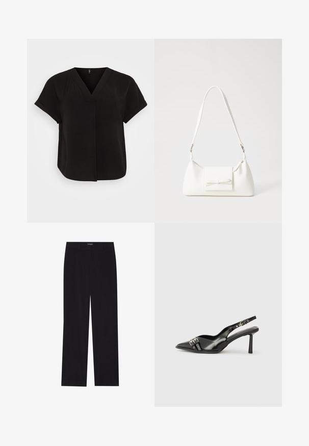 Svart kortermet bluse med V-hals, laget av lett teksturert stoff, med avslappet passform og krysset frontdesign.; Sorte kordfløyelsbukser med rett snitt, med flat midje og ingen synlige lommer, glatt tekstur og vertikal ribbestruktur.; Sorte patentlær slingback-sko med spiss tå, ankelremmer med sølvspenner og detaljer, og en slank hæl.; Hvit syntetisk håndveske med trekantet form, flat klaff foran og sløyfe detaljer, justerbar stropp, glatt tekstur og minimalistisk design.