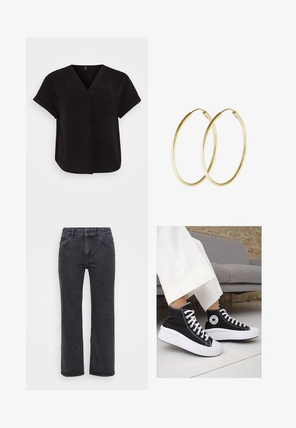 Schwarze kurzärmlige Bluse mit V-Ausschnitt, aus leichtem strukturiertem Stoff, mit entspannter Passform und einem überlappenden Vorderdesign.; Schwarze Denim-Jeans mit geradem Bein, fünf Taschen und einem Knopfverschluss. Der Stoff hat eine leicht ausgewaschene Textur und eine robuste Naht.; Schwarze Canvas-Hochtop-Sneakers mit weißen Gummisohlen und Schnürsenkeln. Mit einem runden Logo an der Seite und kontrastierendem weißen Nähten.; Goldene Creolen mit einem glatten, abgerundeten Design und einem glänzenden Finish. Leichte Bauweise mit einem sicheren Verschluss.
