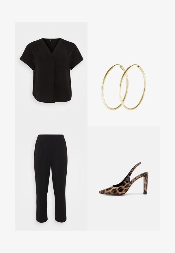 Melna īsā piedurkņu blūze ar V-veida kakla izgriezumu, izgatavota no viegla teksturēta auduma, ar brīvu piegriezumu un pārklājošu priekšpusi.; Melnas īsas bikses ar gludu tekstūru, elastīgu jostasvietu un taisnām kājām. Iekļautas priekšējās krokas papildu detaļai.; Lāču raksta slingback kurpes ar norādītu purngalu un caurspīdīgu bloku papēdi. Izgatavotas no spīdīgas masas ar gludu tekstūru.; Zelta auskari ar gludu, noapaļu dizainu un spīdīgu apdari. Viegls izpildījums ar drošu aizdari.