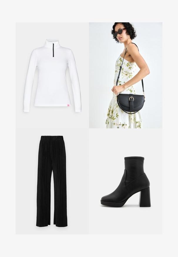 White long-sleeve top with a high collar and a black half-zip closure. Features a small pink logo tag at the hem. Smooth, stretchy material.; Black pleated trousers with an elastic waistband. Features wide legs and a smooth, textured fabric with vertical stripes.; Black leather ankle boot with a high block heel, smooth texture, and fitted upper. Features a seamless design without visible fasteners.; Black leather handbag with a curved shape, detachable strap, and gold hardware. The bag features a flap with a buckle detail.