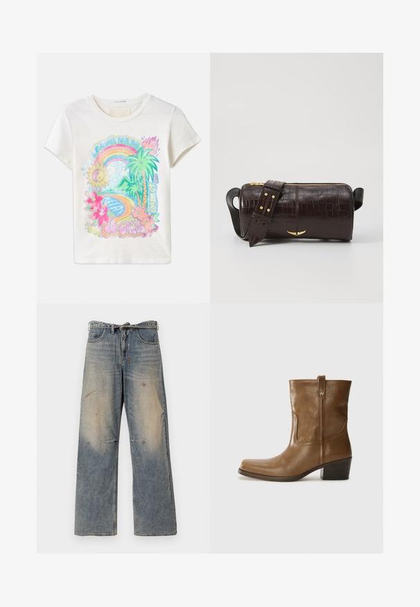 Camiseta de algodón con una base crema que presenta un gráfico colorido de un sol, un arcoíris, palmeras y flores tropicales. Manga corta y cuello redondo.; Jeans de mezclilla azul claro con un diseño suelto y de pierna recta. Presentan desvanecidos, desgaste y detalles rasgados cerca de las rodillas. Estilo clásico de cinco bolsillos.; Botín de cuero marrón hasta el tobillo, con punta cuadrada, acabado texturizado y un tacón bajo apilado. Presenta una pestaña trasera y detalles de costura sutiles.; Bolso de cuero marrón con estampado de cocodrilo, de forma cilíndrica, con herrajes en tono dorado y una correa desmontable con tachuelas.