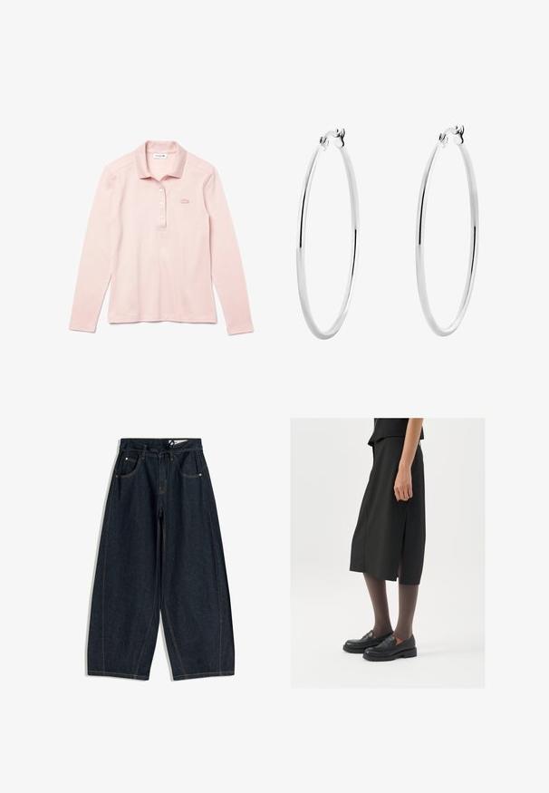 Helles rosa Langarm-Polohemd aus Baumwolle mit klassischem Kragen, ausgestattet mit einer Knopfleiste mit drei Knöpfen und einem gestickten Logo auf der Brust.; Dunkelblaue weit geschnittene Jeans mit verstellbarem Bund, fünf Taschen und kontrastierenden Nähten. Glatte Textur und lässiger Schnitt.; Schwarzer knielanger Rock mit seitlichem Schlitz, kombiniert mit schwarzen Loafers und transparenten braunen Strumpfhosen, aus glattem Stoff und mit einem schlichten Design.; Silberne Creolen mit einer glatten, polierten Oberfläche und nahtlosem Design, versehen mit abgerundeten Kanten und einem sicheren Verschluss.