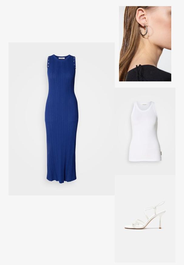 Weißes ärmelloses Baumwolltanktop mit Rundhalsausschnitt, nahtlosen Seiten und einem kleinen Logolabel an der unteren linken Seite. Glatte Textur.; Ärmelloses Maxikleid aus geripptem Strickstoff in einem leuchtenden Blauton, mit metallischen Knopf-Akzenten an den Trägern und einem ausgestellten Saum.; Weiße, geschnallte High-Heel-Sandalen mit flacher Zehenbasis, strukturiertem Vorderteil mit gerafften Akzenten und schlankem Knöchelriemen.; Metallisch silberne Bucket Bag mit strukturiertem Finish, verziert mit einem silbernen runden Griff und Kordelzugverschluss, gehalten vor hellblauen Jeans.; Silberne Creolen mit polierter Oberfläche, die kleine goldene Akzentdetails und eine runde Form aufweisen, am Ohrläppchen getragen.
