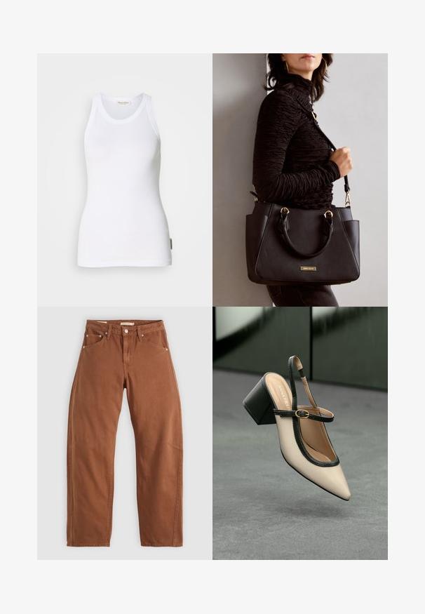 Bijela bezrukavna pamučna majica s izrezom u obliku žlice, bez šavova sa strane i malom oznakom logotipa na donjoj lijevoj strani. Glatka tekstura.; Traperice ravnog kroja u smešnoj smešnoj smešnoj boji, s prednjim i stražnjim džepovima, metalnim zakovicama, kopčanjem na dugme i petljama za remen, položene ravno na beloj pozadini.; Bež cipele s otvorenom petom i šiljastim vrhom, crnim obrubom, zlatnom kopčom i debelim blok-petom na sivom podu s tamnozelenom pozadinom.; Crna torba s teksturiranom površinom, dvostrukim gornjim ručkama i podesivom remenom za rame. Ima zlatne metalne detalje i bočne džepove.