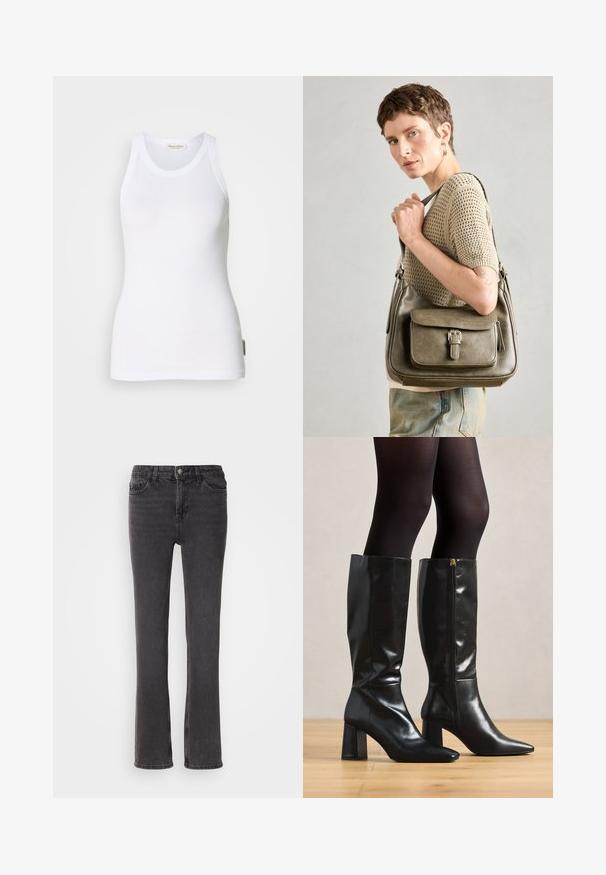 Canottiera bianca in cotone senza maniche con scollatura a barca, lati senza cuciture e una piccola etichetta con logo sul lato sinistro in basso. Texture liscia.; Jeans in denim nero con vestibilità dritta, dotati di tasche frontali, chiusura con zip e dettagli di cucitura discreti. Il tessuto ha una leggera trama.; Stivali in pelle nera alti fino al ginocchio con finitura lucida, punta affusolata e tacco largo. Dettaglio con zip laterale per una facile calzata.; Borsa a tracolla in pelle verde oliva con pattina frontale, tracolla regolabile e dettagli in metallo argentato, mostrata su un modello che indossa un maglione lavorato a maglia.; Orecchino a cerchio in argento con finitura lucida, caratterizzato da piccoli dettagli in oro e una forma tondeggiante, indossato sul lobo.