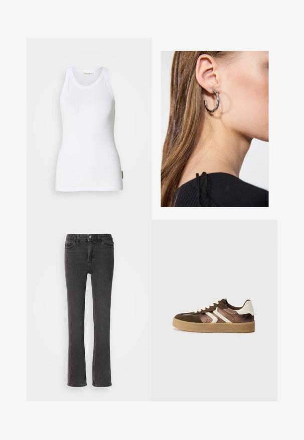 Bílé bezrukávové bavlněné tílko s kulatým výstřihem, bezešvými bočními švy a malou logem umístěným na dolním levém okraji. Hladká textura.; Černé denimové džíny se střihy rovného nohavice, mají přední kapsy, zapínání na zip a decentní prošití. Materiál má mírnou texturu.; Hnědé a krémové tenisky s kombinací semiše a saténu, které mají tři diagonální pruhy a texturovanou gumovou podrážku.; Stříbrný kruhový náušník s lesklým povrchem, zdobený malými zlatými akcenty, v kulatém tvaru, nošený na lalůčku.