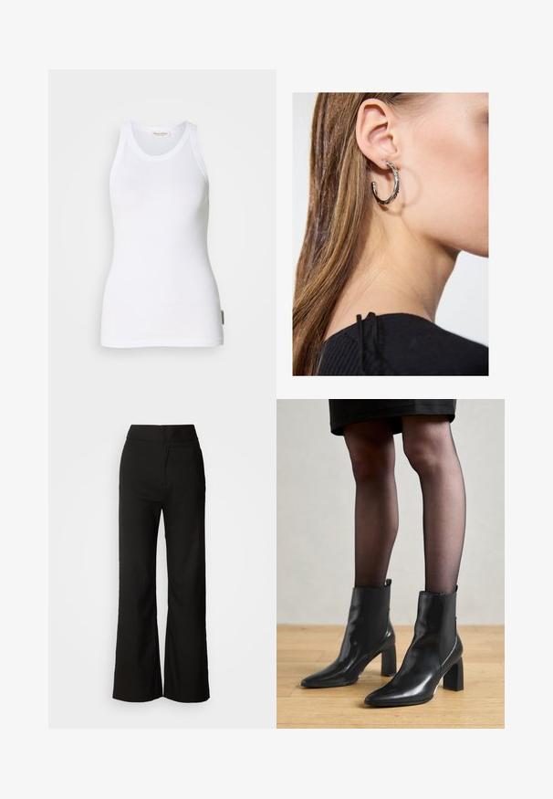 White sleeveless cotton tank top with a scoop neckline, seamless sides, and a small logo label on the bottom left side. Smooth texture.; Black wide-leg trousers with a smooth texture, high waist, and a clean design. No visible pockets or embellishments.; Black leather ankle boots with a pointed toe, chunky square heel, and sleek design. Features elastic side panels for easy wear.; Silver hoop earring with a polished finish, featuring small gold accent details and a round shape, worn on the lobe.
