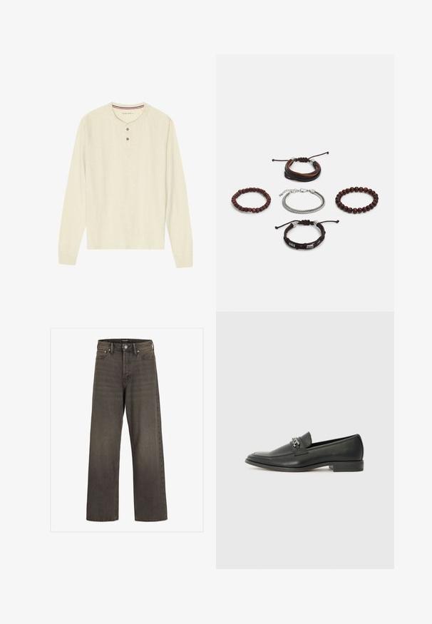 Cămașă henley cu mâneci lungi, de culoare crem, realizată dintr-un material moale, cu guler rotund cu rețea, fante cu două nasturi și mâneci raglan.; Blugi cu picioare largi din denim gri închis, cu talie înaltă, design clasic cu cinci buzunare și cusături contrastante pe cusături.; Pantofii negri din piele cu un finisaj neted, având un design cusut și un accent decorativ de lanț metalic peste partea de sus. Toc plat.; Set de cinci brățări cu piele maro, mărgele din lemn și un lanț argintiu; texturi și forme variate, cu închideri ajustabile.