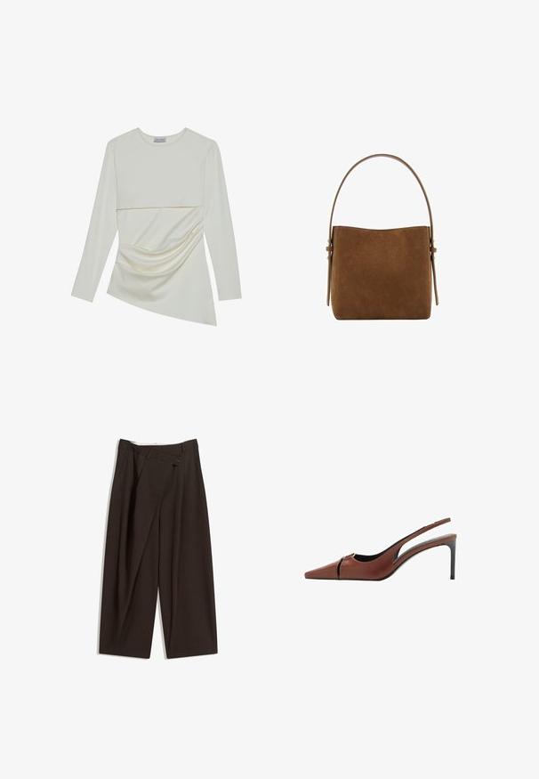 Long-sleeve cream top with a round neckline, featuring a layered design and gathered detail on the lower section. Soft fabric with a smooth texture.; Dark brown wide-leg trousers with a high waist, featuring a single button closure and a pleated front. Made from lightweight fabric.; Brown leather slingback heel with a pointed toe, cutout detail at the vamp, and a sleek stiletto heel. Smooth texture.; Mango Handbag - brown