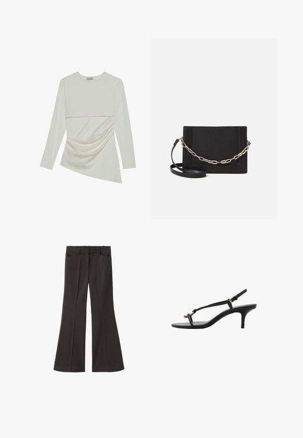 Maglia a maniche lunghe color crema con scollatura rotonda, caratterizzata da un design a strati e dettagli arricciati nella parte inferiore. Tessuto morbido con una trama liscia.; Pantaloni neri a zampa d'elefante con vita alta; presentano due tasche frontali e una texture del tessuto liscia. Adatti per varie occasioni.; Sandal con zeppa kitten nera in pelle, con sottili cinturini, fibbia dorata e una minimalista fascetta per le dita su sfondo bianco.; Borsa a tracolla nera in pelle con una texture liscia, forma rettangolare e dettaglio in catena metallica sul davanti. Inclusa una tracolla regolabile.