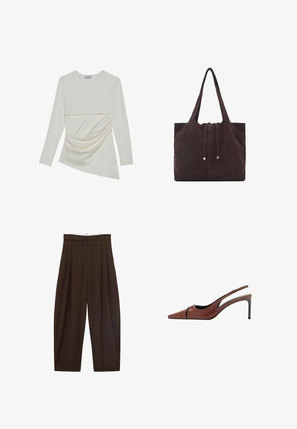 Hladký krémový top s dlhým rukávom a okrúhlym výstrihom, ktorý má vrstvený dizajn a naberanú časť v dolnej časti. Mäkká látka s jemnou textúrou.; Hnedé nohavice s vysokým pásom a skladaním, vyrobené z hladkej tkaniny. Voľný strih, rovný strih nohavíc, s pútkami na opasok a so zipsom.; Hnedé kožené sandále na podpätku so špicatou špičkou, výrezom na priehlavku a elegantným stiletto podpätkom. Hladká textura.; Mango Veľká kabelka - dark brown