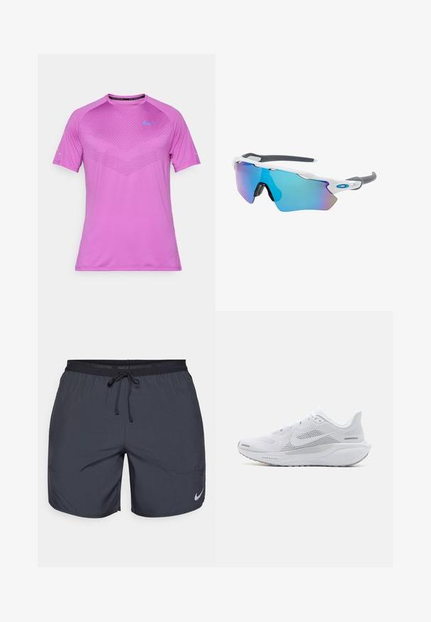Nike t-shirt med kort ärm i stark rosa, med ett strukturerat mönster på bröstet och en blå logotyp på vänster sida. Lättviktig tyg.; Nike löpshorts i mörkgrått, med en elastisk midja som har dragsko och en silverlogotyp på nederdelen av högra benet.; Vit sportskor med ovandel i mesh, släta texturerade överlager, grå accenter, snören och en vadderad sula designad för prestanda.; Solglasögon med vit ram, grå detaljer och blå spegelglas. Sportig design, omslutande form och justerbara näskuddar.