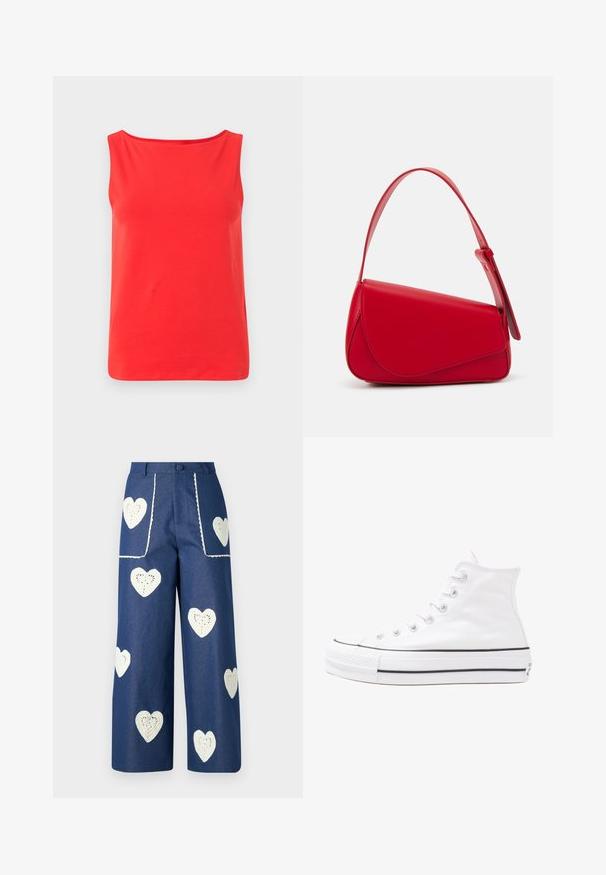 Red sleeveless tank top with a wide neckline and a loose fit, made from soft, breathable fabric. No patterns or hardware details visible.; Sister Jane HEART TO HEART - Straight leg jeans - blue denim; White high-top canvas sneaker with black rubber sole, front rubber toe cap, and six eyelets for laces, featuring a clean, minimalist design.; Red leather handbag with an angular, geometric design. Features a single adjustable strap and a flap closure with stitched detailing.
