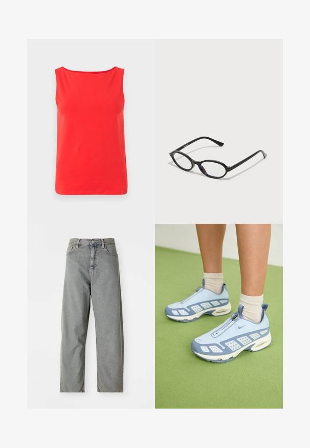Top roșu fără mâneci, cu un decolteu larg și o croială lejeră, fabricat dintr-un material moale și respirabil. Fără modele sau detalii metalice vizibile.; Jeans din denim gri deschis cu un design cu picioare drepte, având închidere cu nasture în față, cinci buzunare și o decolorare subtilă.; Încălțăminte sport de culoare albastru deschis cu accente albe, panouri texturate și închidere cu fermoar. Are o talpă vizibilă cu pernuțe de aer și o talpă exterioară din cauciuc.; Ochelari cu ramă ovală neagră, cu accente translucide de violet pe lentile. Ramele au un finisaj mat și clești subțiri, drepți.