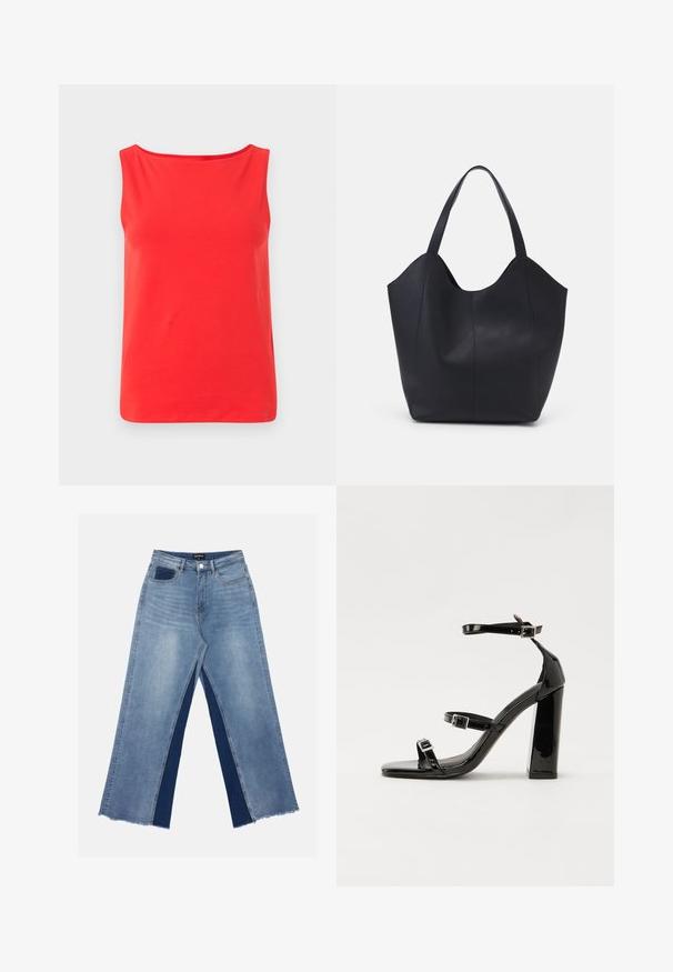 Top roșu fără mâneci, cu un decolteu larg și o croială lejeră, fabricat dintr-un material moale și respirabil. Fără modele sau detalii metalice vizibile.; Jeans de culoare albastru deschis, cu picioare largi, care prezintă panouri contrastante de culoare albastru închis, margini tocite și o talie standard cu închidere printr-un buton metalic.; Sandale cu toc din patent negru, cu vârf pătrat, curele la gleznă și catarame din argint. Dispune de un toc gros pentru stabilitate.; Geantă de umăr neagră, realizată din piele netedă, cu un design minimalist, având un vârf deschis curbat și două mânere pentru umăr.