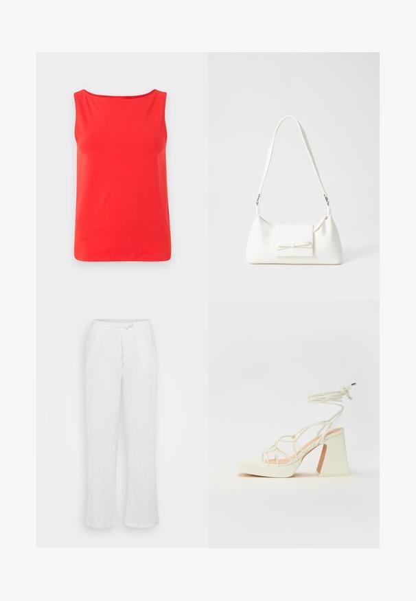 Sarkans bez piedurknēm ar plašu dekoltē un brīvu piegriezumu, izgatavots no mīksta, elpojoša auduma. Nav redzamu rakstu vai aparatūras detaļu.; Baltie lina bikses ar brīvu piegriezumu, ar elastīgu jostu un auklu. Taisnas kājas dizains bez rakstiem vai papildu akcentiem.; Baltas augstpapēžu sandales ar masīvu papēdi, ar siksnu dizainu un potītes saistītiem elementiem. Gluda tekstūra ar platformu priekšpusē, lai nodrošinātu papildu augstumu.; Balta sintētiska soma ar trīsstūrveida formu, plakanu priekšējo vāciņu un loku detaļu, regulējamu siksnu, gludu tekstūru un minimālistisku dizainu.