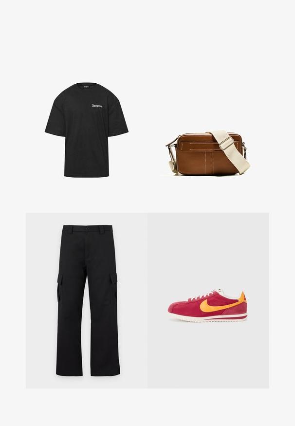 Musta puuvillapaita pyöreällä pääntiellä ja lyhyillä hihoilla. Vasemmassa rinnassa on valkoinen "Dropsize" -teksti. Yksinkertainen ja rento malli.; Musta cargo-housut suoralla lahkeella. Valmistettu kestävästä kankaasta, jossa on kaksi sivutaskua läppäkiinnityksellä ja nappisuljenta.; Punaiset mokkakengät keltaisilla yksityiskohdilla, valkoisilla nauhoilla ja teksturoidulla pohjalla. Klassinen muotoilu pyöreällä kärjellä ja logoyksityiskohta sivulla.; Ruskea nahkainen olkalaukku, jossa on valkoiset ompeleet, suorakaiteen muotoinen, vetoketj closures ja beige säädettävä hihna. Sisältää kaksi etutaskua.