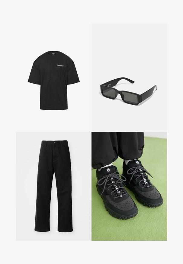 Schwarzes Baumwoll-T-Shirt mit rundem Halsausschnitt und kurzen Ärmeln. Mit weißem "Dropsize"-Text auf der linken Brust. Einfacher und lässiger Schnitt.; Schwarze Jeans mit geradem Schnitt, ausgestattet mit Fronttaschen, einem Reißverschluss und einem einzelnen oberen Knopf. Texturiert mit matter Oberfläche.; Schwarze Sneaker bestehen aus einer Kombination von Leder und Mesh-Materialien, haben eine strukturierte Gummisohle, auffällige Perforationen und gemusterte Schnürsenkel mit numerischen Akzenten.; Schwarze Sonnenbrille mit rechteckigen Gläsern, mattem Kunststoffrahmen und geraden Kanten. Verfügt über das Markenlogo auf dem inneren Bügel.