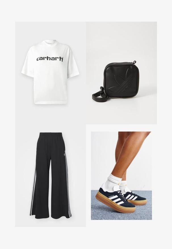 White cotton t-shirt with a round neck and short sleeves. Features black "carhartt" logo printed across the chest. Simple design, relaxed fit.; Black wide-leg sweatpants with an elastic waistband, featuring white side stripes and an embroidered logo on the left thigh.; Black suede sneakers with white stripes and accents, rounded toe, gum rubber outsole, paired with white ribbed crew socks.; Black square crossbody bag made of textured synthetic material. Features an embossed logo design and adjustable strap. Zipper closure.