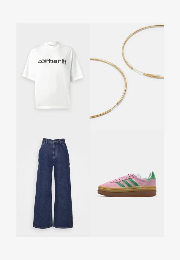 Weißes Baumwoll-T-Shirt mit rundem Halsausschnitt und kurzen Ärmeln. Schwarzes "carhartt"-Logo ist quer über der Brust aufgedruckt. Einfaches Design, lockere Passform.; Weite Denim-Jeans in dunkelblau, mit hoher Taille, Fronttaschen und einem Reißverschluss mit Metallknopf. Glatte Textur und klassisches Design.; Rosa Wildledersneaker mit grünen Streifen, weißen Akzenten und einer braunen Gummisohle. Verfügt über strukturierten Stoff und Logodetails an der Seite.; Goldfarbene Ohrringe in Form von dünnen, runden Kreolen, mit einer glatten, metallischen Oberfläche und ohne Verzierungen oder Muster.