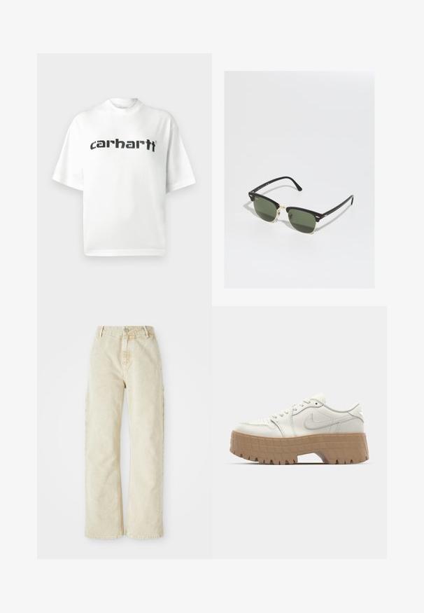 Hvid bomuldst-shirt med rund hals og korte ærmer. Har sort "carhartt"-logo trykt hen over brystet. Enkel design, afslappet pasform.; Beige bredde denim bukser med høj talje, der har en frontknap og lynlås, bæltesløjfer og sidelommer. Blød tekstur.; Hvide lædersneakers med beige struktureret platformssål, rund tå, snørebåndsdesign og subtil branding på hælen.; Sorte og gyldne solbriller med grønne linser, der har en katteøjeform, metalliske detaljer og en tekstureret ramme.