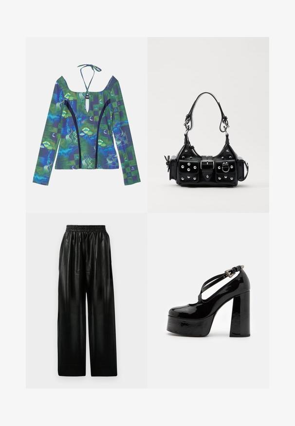 Langärmliges Oberteil mit tiefem Ausschnitt, das abstrakte blaue und grüne Muster aufweist, einen Bindebandverschluss hat und kontrastierende schwarze Akzente besitzt.; Schwarze Leder-Hosen mit weitem Bein und elastischem Bund, ausgestattet mit zwei Seiten Taschen und einer glatten, glänzenden Oberfläche.; The Kooples CHAUSSURES - High Heel Pumps - black; Schwarze Lederhandtasche mit einem geschwungenen Design, verziert mit silbernen Nieten, einer Schnalle und zwei seitlichen Taschen. Verstellbarer Träger für verschiedene Tragemöglichkeiten.