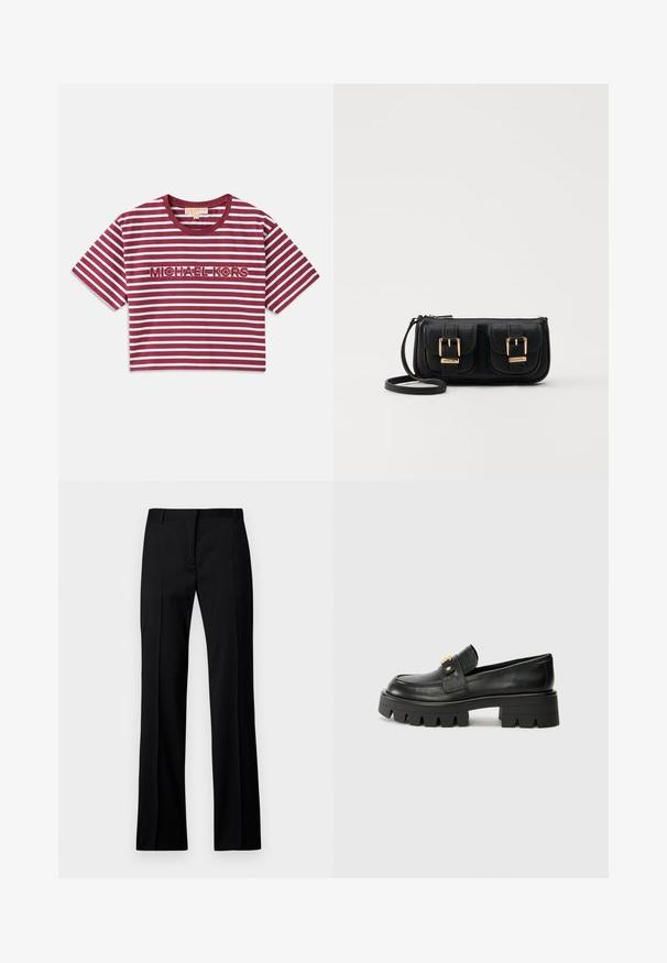 Kratka majica s kratkimi rokavi, krojena, z maroon in belimi horizontalnimi črtami, z izvezenim napisom "MICHAEL KORS" na sredini.; Črne hlače ravnega kroja iz gladkega materiala, z ravnim sprednjim delom, z passom za pas in brez vidnih žepov ali okrasnih elementov.; Črne usnjene loaferje z debelim podplatom, ki imajo zlatoten naglas na sprednji strani in gladko površino. Debela oblika profila na podplatu.; Črna usnjena torbica čez ramo z dvema sprednjima žepoma, zlatimi zaponkami, zadrgo in ozkim pasom. Tekstura površine je strukturirana, obliko pa ima kompaktno pravokotno.