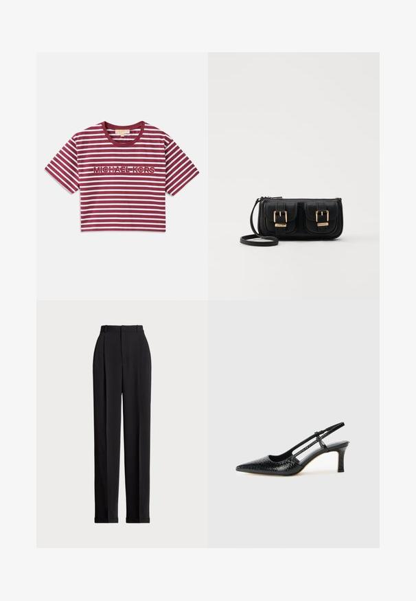 Camiseta corta de manga corta con rayas horizontales en color burdeos y blanco, con "MICHAEL KORS" bordado en el centro.; Pantalones negros a medida con una cintura alta, que cuentan con pliegues en la parte delantera, un diseño de pierna recta y dobladillo con vuelta. Fabricados con un tejido suave.; Tacón slingback negro de charol con punta afilada, que presenta un estampado de serpiente texturizado, correa ajustable y un tacón bloque corto y texturizado.; Bolso cruzado de cuero negro con dos bolsillos frontales, hebillas doradas, cierre de cremallera y una correa delgada. Superficie texturizada y forma rectangular compacta.