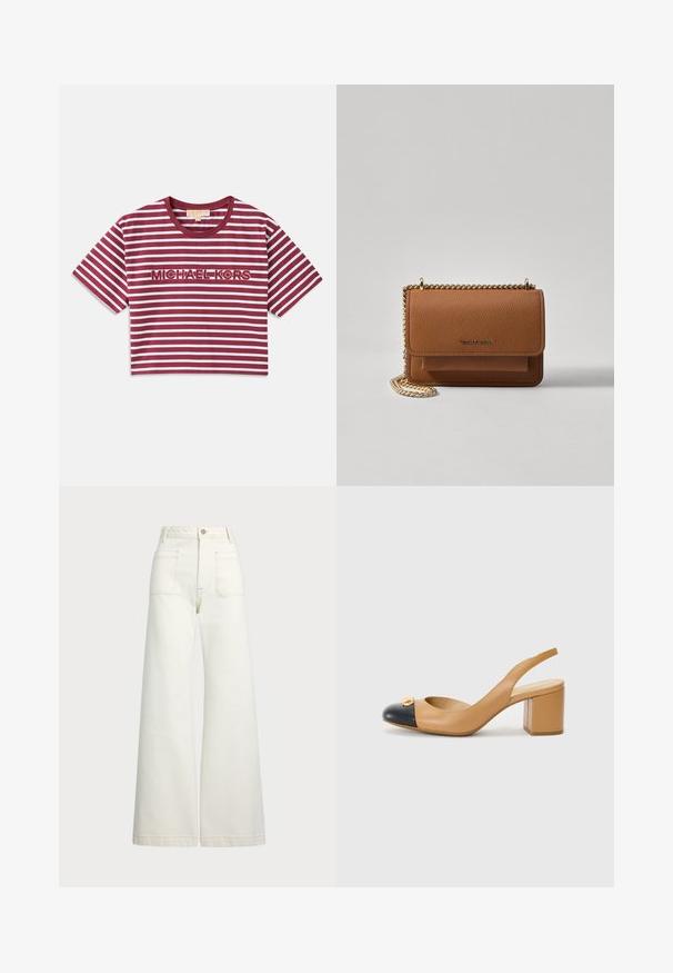 T-shirt corta a maniche corte con righe orizzontali bordeaux e bianche, con "MICHAEL KORS" ricamato al centro.; Jeans a gamba larga in denim bianco sporco. Design a vita alta con chiusura a bottone, due tasche frontali e dettagli di cucitura a contrasto.; Scarpa slingback in pelle beige con punta rotonda nera, tacco quadrato e un accento decorativo dorato sul davanti. Texture liscia in tutto il resto.; Borsa a tracolla in pelle marrone con texture, dotata di catena dorata e chiusura a pattina. Sul davanti presenta un dettaglio con logo e una tasca sotto la pattina.