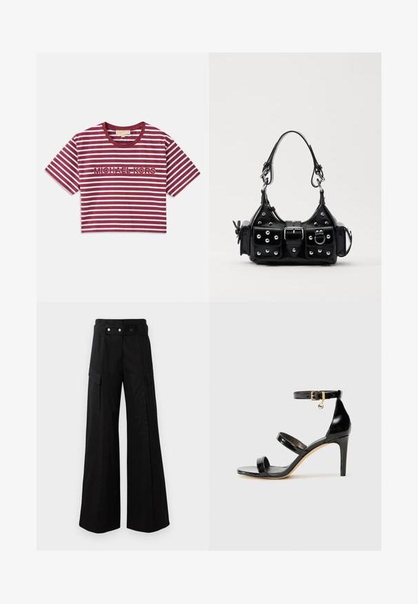 Rövid ujjú, rövidített póló bordó és fehér vízszintes csíkokkal, középen "MICHAEL KORS" hímzéssel.; Fekete, bő szárú nadrág magas derékkal, nagyméretű oldalsó zsebekkel, két elülső gombbal és hurok részlettel. Tartós anyagból készült.; Fekete lakk bőr szandál három pánttal, bokapánttal és 10 cm magasságú tűsarokkal. Arany színű részletekkel és logó charm-mal rendelkezik.; Fekete bőr kézitáska ívelt designnal, ezüst szegecsekkel, csattal és két oldalsó zsebbel. Állítható vállpánt a hordozási lehetőségekhez.