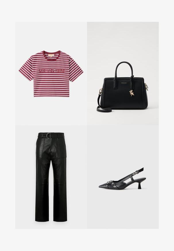 Tricou scurt cu mânecă, de tip cropped, cu dungi orizontale în nuanțe de marsala și alb, având brodat în centru "MICHAEL KORS".; Pantaloni din piele neagră cu talie înaltă, cu picioare largi, buzunare frontale mari și un brâu asortat cu cataramă cu dublu inel.; Pantofii slingback din piele neagră, cu vârful ascuțit, curele decorative cu ochiuri din metal și toc bloc mic. Suprafață texturată.; Geantă de mână din piele neagră cu un design structurat, mânere superioare duble, curea de umăr detasabilă, accesorii din aur și un pandantiv cu logo.